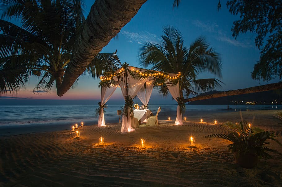 White Canopy Tent Near Coastline, bay, beach, candles, celebration