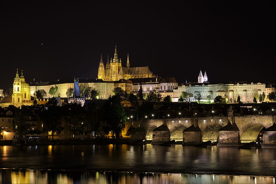 prague, night, illuminated, moldova, bridge, historic center HD wallpaper