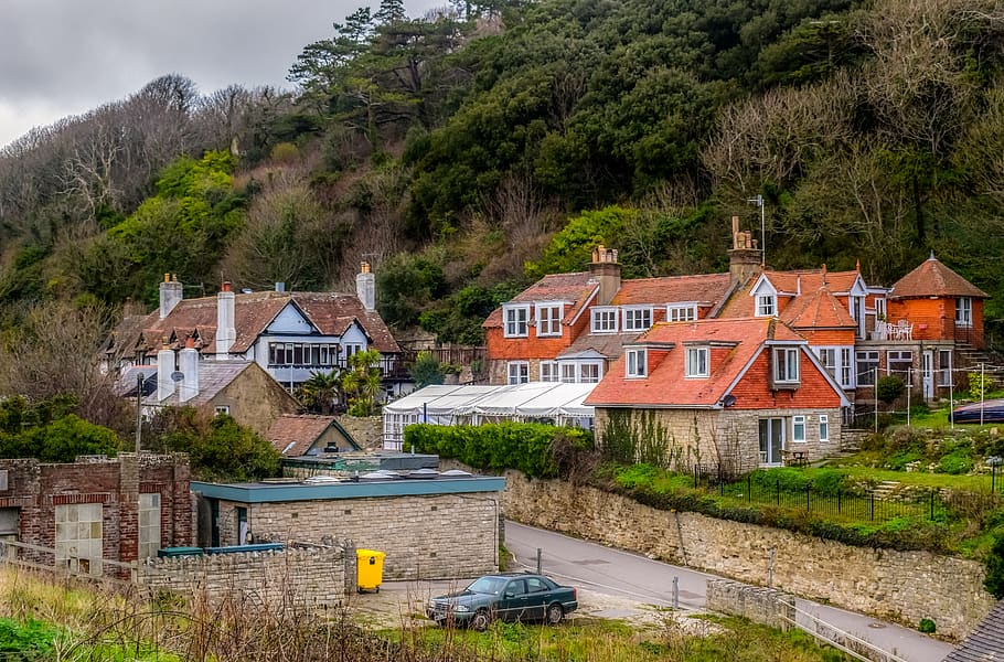 lulworth cove, village, architecture, traditional, houses, landscape, HD wallpaper