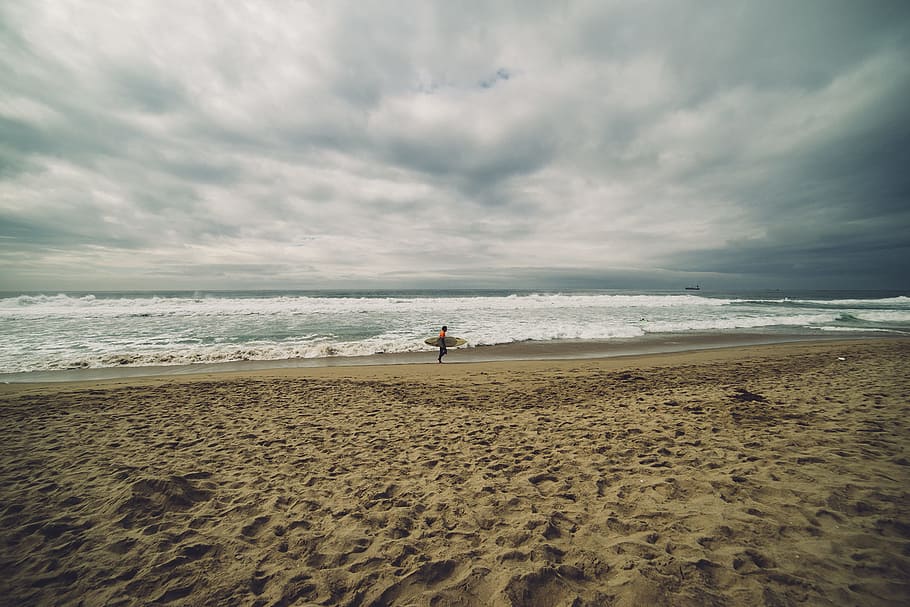 beach, brown, clouds, gray, sand, sea, sky, surf, white, land HD wallpaper