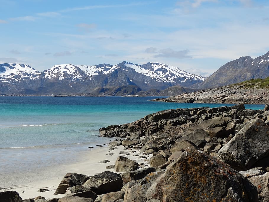 beach, mountains, water, turquoise, sand, coast, beauty in nature HD wallpaper
