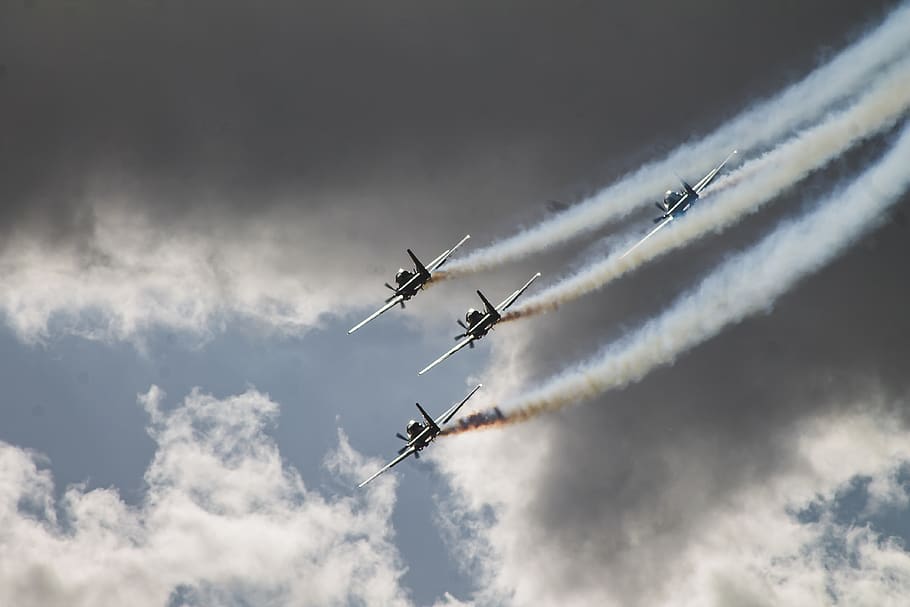 four black planes flying in sky, airplane, air vehicle, cloud - sky HD wallpaper