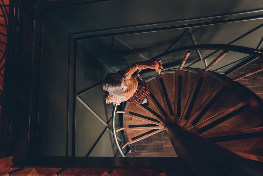 high angle photography of woman standing on spiral stairs, human, HD wallpaper