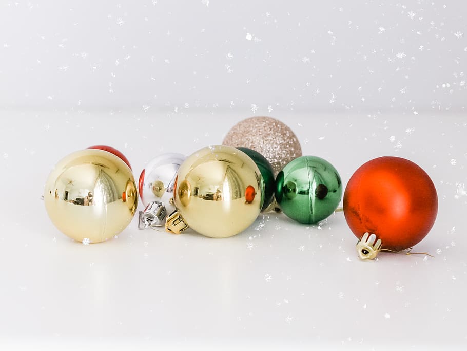 assorted-color baubles on white surface, sphere, still life, holiday HD wallpaper