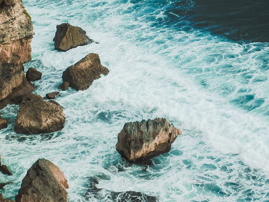 ocean waves and gray boulder rocks, sea, nature, outdoors, water HD wallpaper