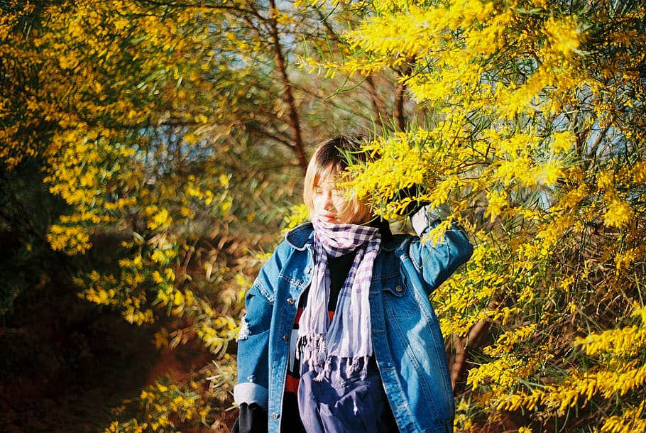 Photography of Woman Near Leaves, beautiful, blur, cold, denim jacket HD wallpaper