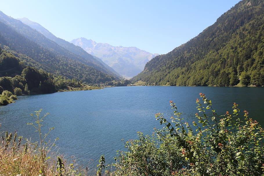 lake, mountain, nature, trees, forest, beautiful, clouds, waters HD wallpaper