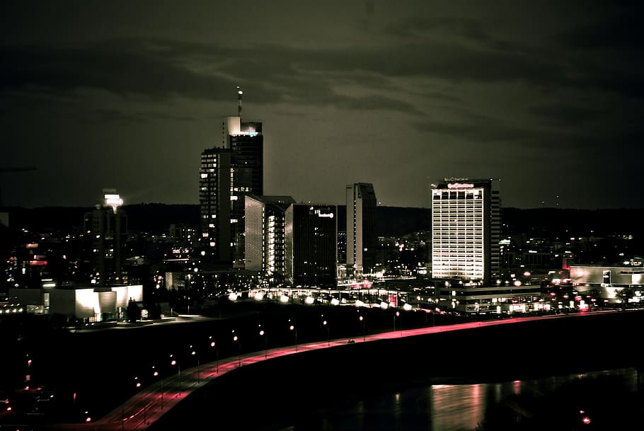 vilnius, lithuania, lights, cityscape, panorama, skyline, business disctrict HD wallpaper