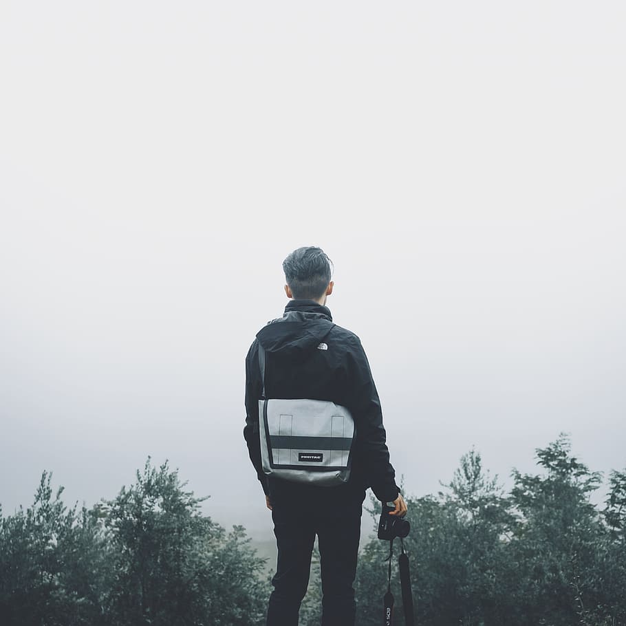 people, man, guy, alone, travel, peak, mountain, trees, plant HD wallpaper