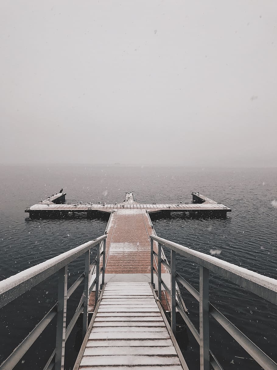 White and Brown Dock, bridge, harbor, jetty, ocean, sea, seashore HD wallpaper