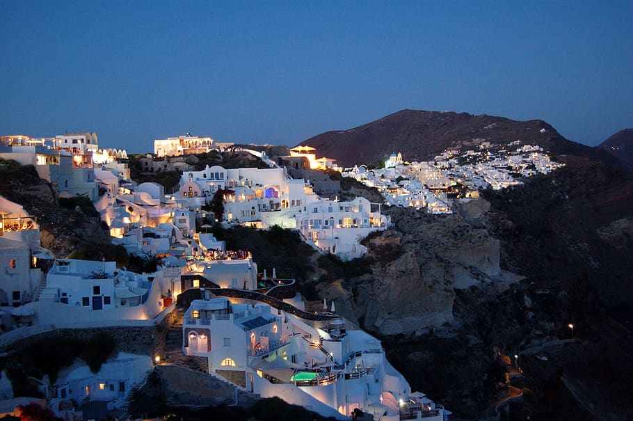 greece, oia, dark, sunset, lights, santorini, mediterranean HD wallpaper