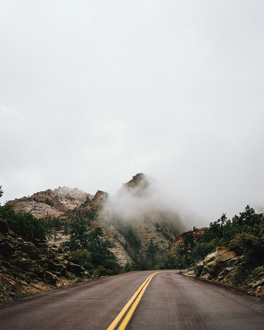 mountain covered with fog, road, sky, the way forward, direction HD wallpaper