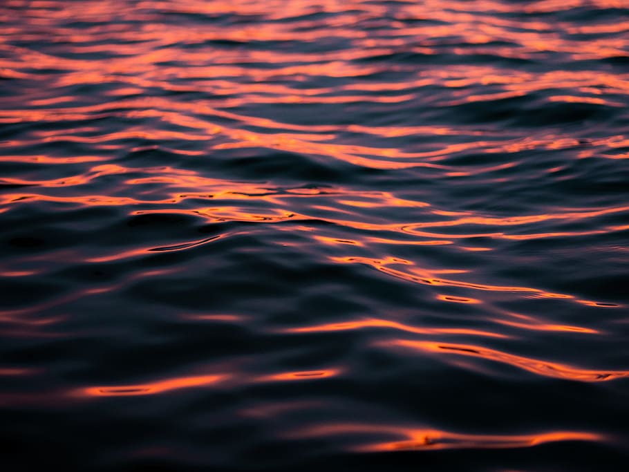 body of water, sunset, red, ripple, surface, texture, nature