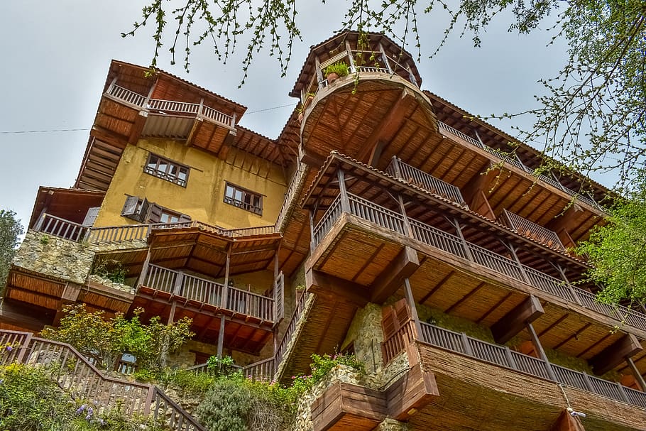 hotel, building, architecture, facade, stone, wooden, structure HD wallpaper