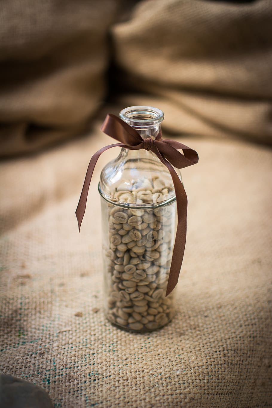 Coffee Beans in Clear Glass Bottle on Brown Textile, burlap, color, HD wallpaper