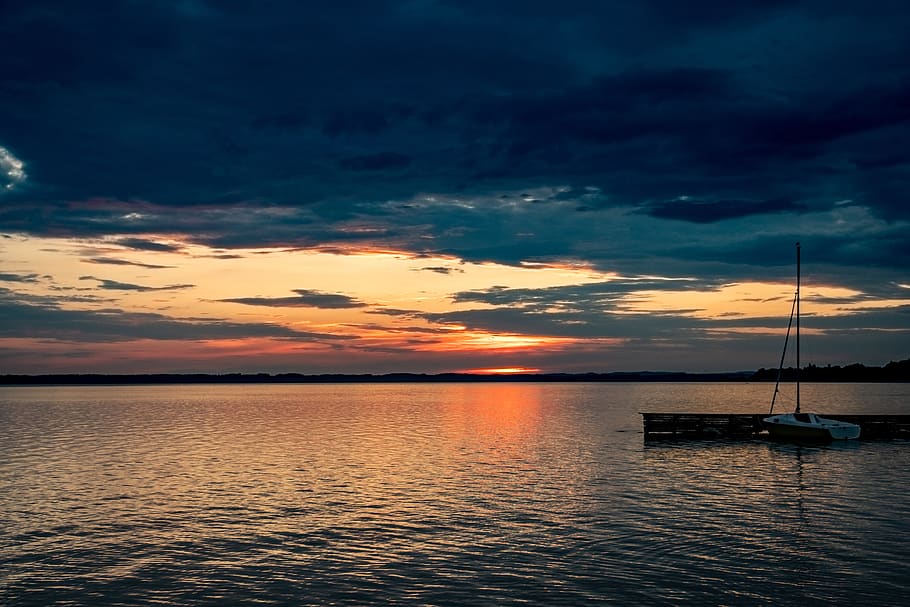 lake, sunset, boat, sky, clouds, cloud - sky, water, beauty in nature HD wallpaper