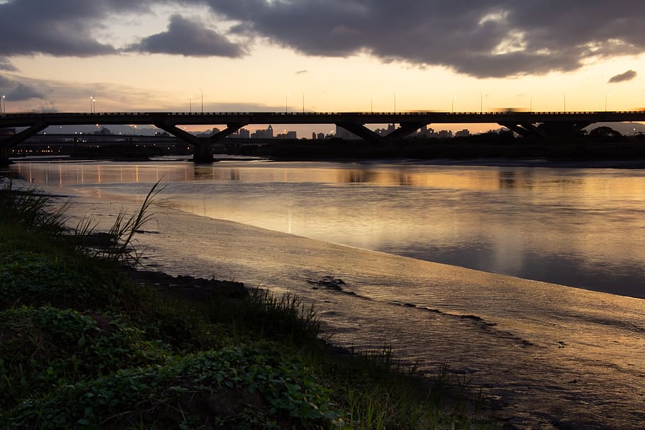 sunset, water, sky, bridge, sea, lake, river, landscape, night HD wallpaper