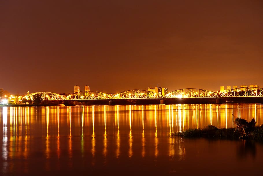 truss bridge, night time, sunset, illuminated, illuminated bridge HD wallpaper