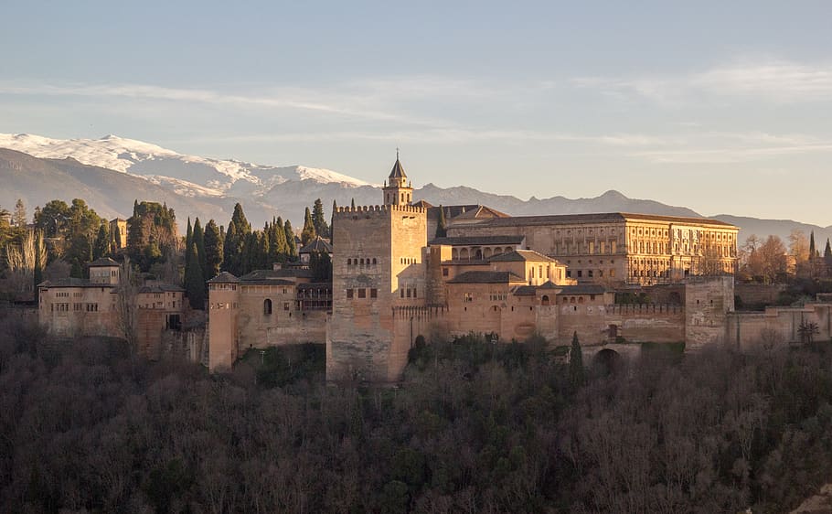 alhambra, granada, sunset, andalusia, monuments, spain, architecture, HD wallpaper