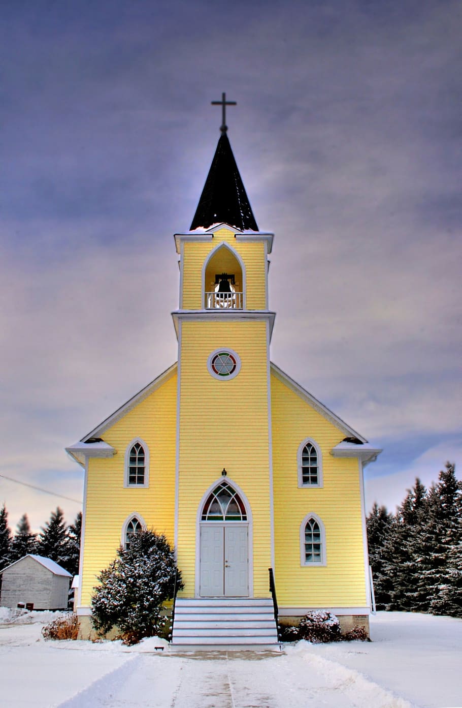 Yellow and Black Church, architecture, bell, building, chapel HD wallpaper