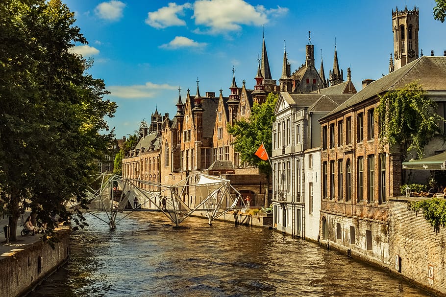 belgium, brugge, canal, bridge, river, architecture, buildings, HD wallpaper