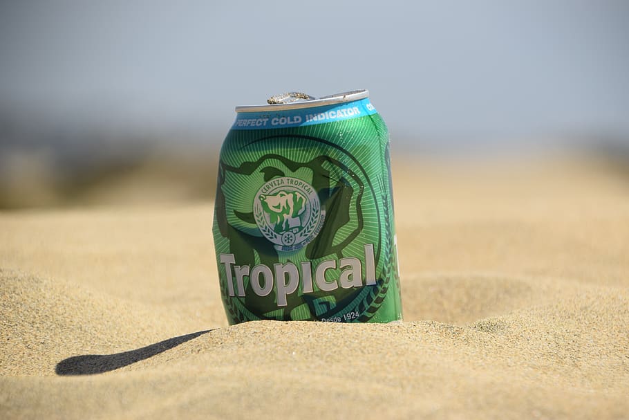 beer, beer can, beach, sand, tropical, alcohol, dune, beer cans, HD wallpaper