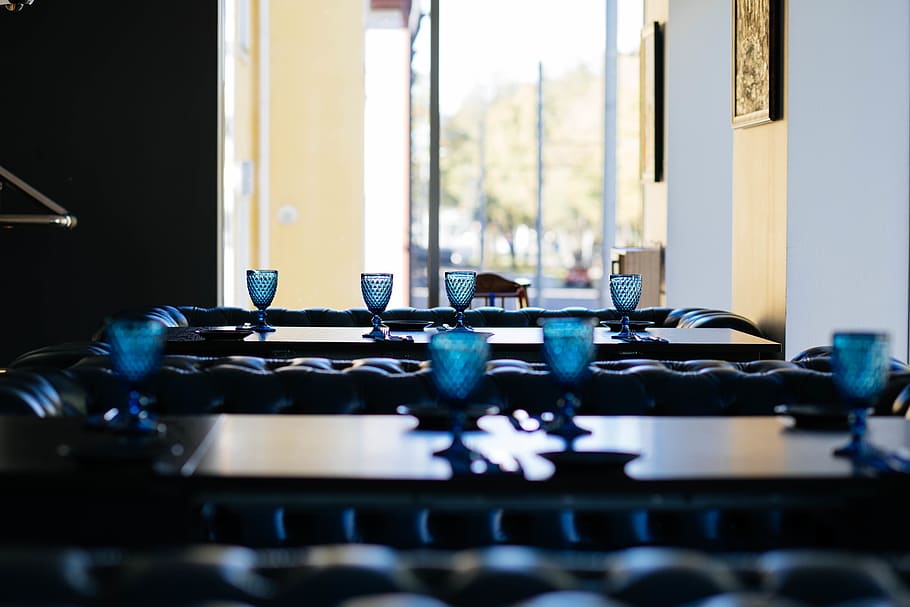 Photo of Blue Long Stemmed Glasses, blur, chairs, cup, dark, drinking glasses HD wallpaper