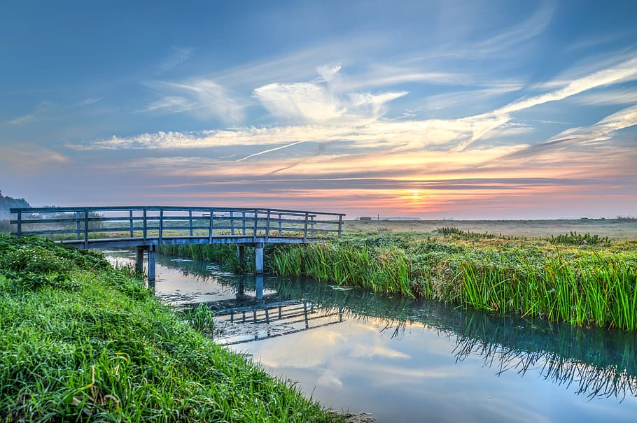 bridge, waterway, canal, reflection, sunrise, hdr, meadows HD wallpaper
