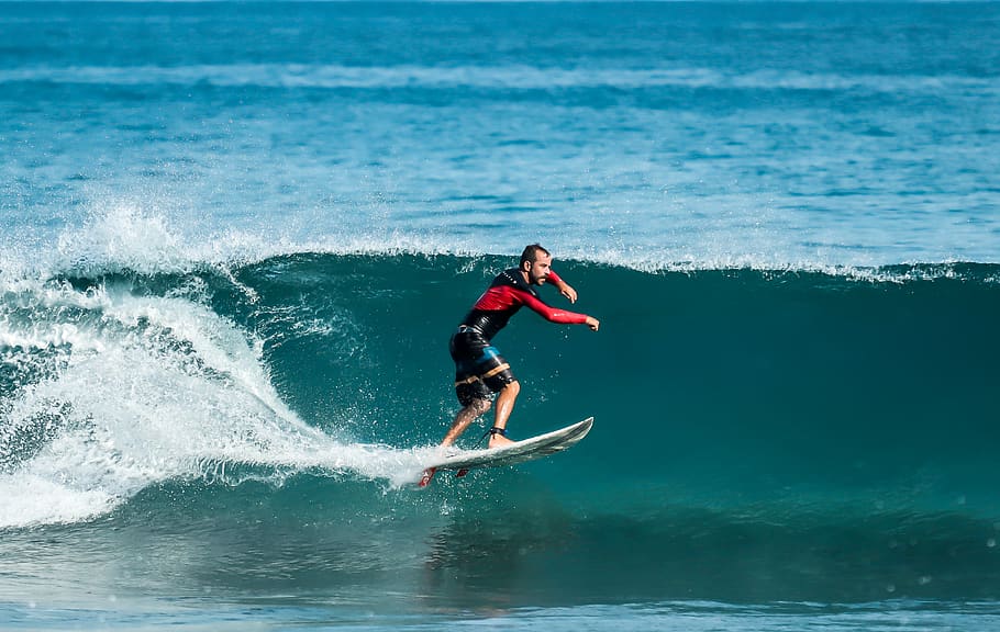 Man on Surfboard, action, athlete, fun, leisure, recreation, splash HD wallpaper