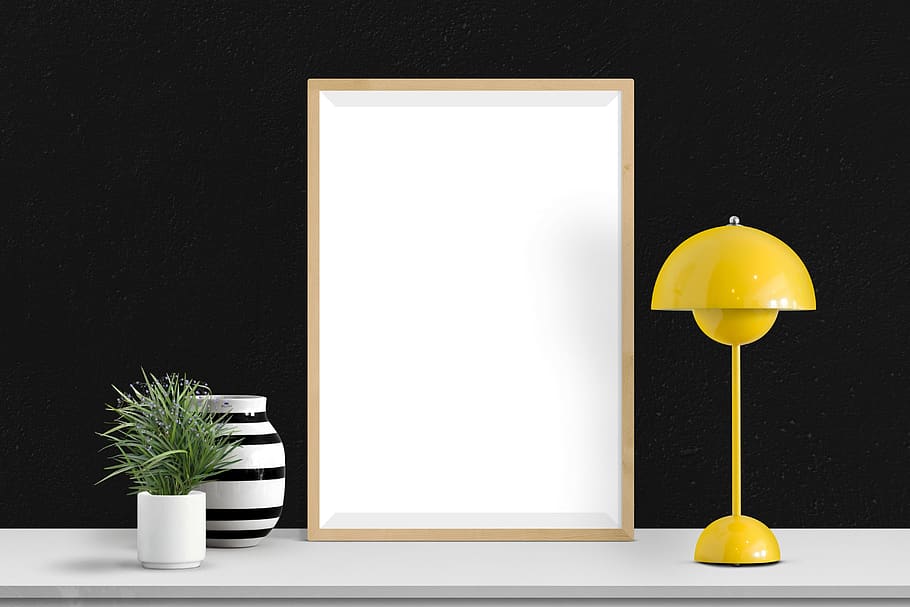 poster, frame, lamp, plants, no people, yellow, white color HD wallpaper