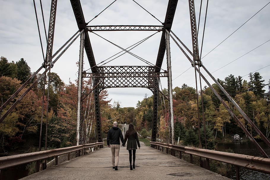 Couple Walking on Gray Bridge at Daytime, adorable, connection HD wallpaper