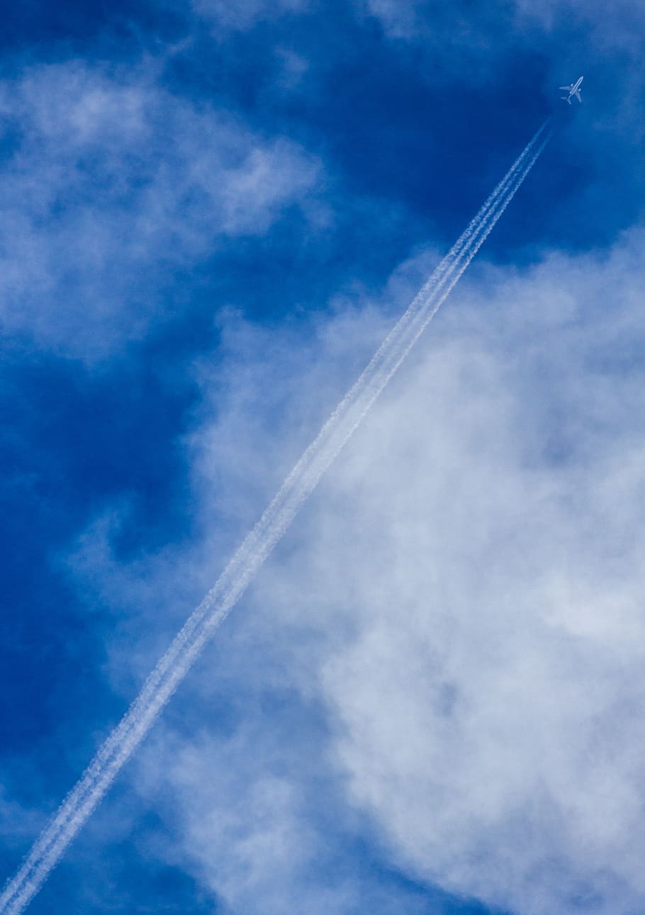 blue, sky, clouds, airplane, flying, travel, transportation HD wallpaper