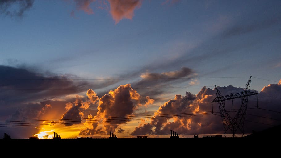 sky, clouds, sunset, cloud - sky, silhouette, nature, industry HD wallpaper