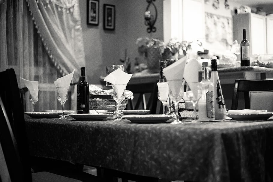 grayscale photography of fine dining table set, food and drink