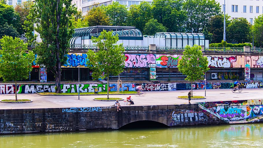 austria, vienna, donaukanal, street, graffiti, u bahn, train, HD wallpaper