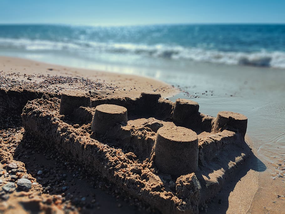 sand castle on beach, coast, water, ocean, sea, italy, rodia HD wallpaper
