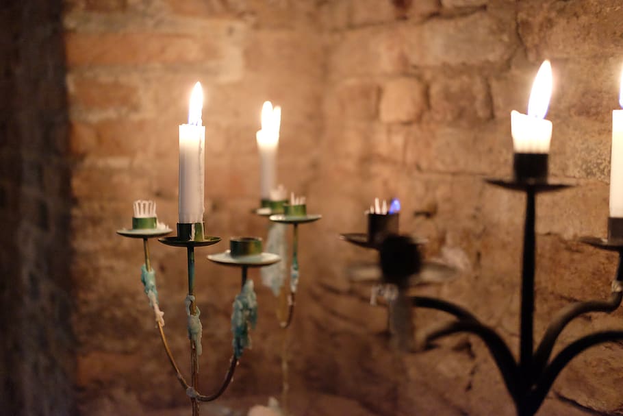 candles, tea lights, brick wall, fire, burning, flame, fire - natural phenomenon HD wallpaper