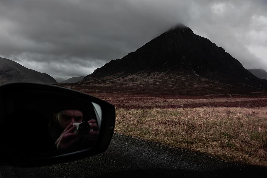 nature, mountains, dark, sky, clouds, plains, people, man, guy HD wallpaper