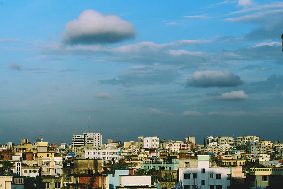 bulding, city, dhaka, bangladesh, sky, blue, nature, people, HD wallpaper