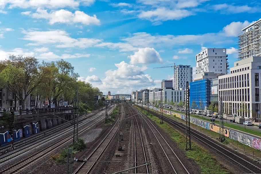 Empty Train Rail, architecture, buildings, city, clouds, daylight HD wallpaper