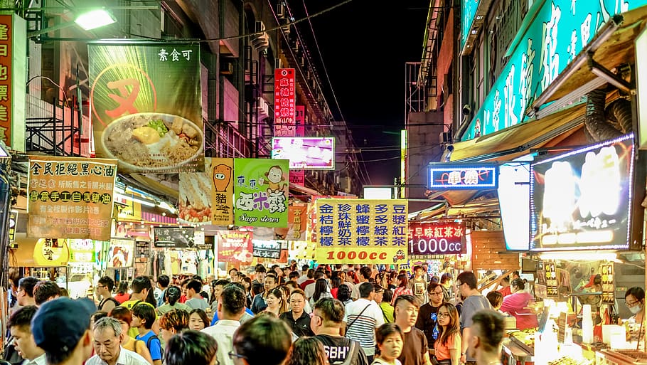 taiwan, taichung city, walking, night market, crowded, street