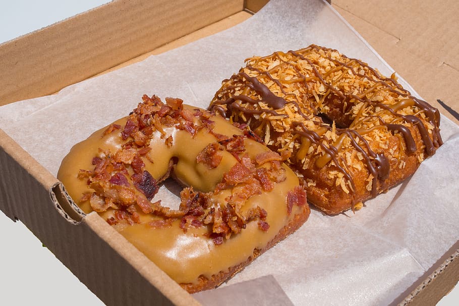 donuts, fried, bacon, maple, caramel, samoa, coconut, chocolate HD wallpaper