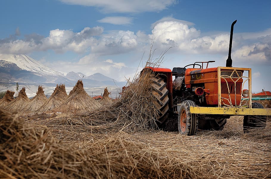 tractor, rural, machine, harvest, landscape, agriculture, sky HD wallpaper