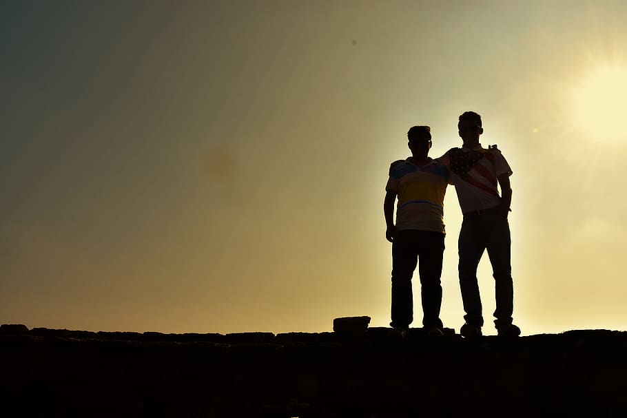 india, mangaluru, sunset, sky, silhouette, standing, friendship HD wallpaper