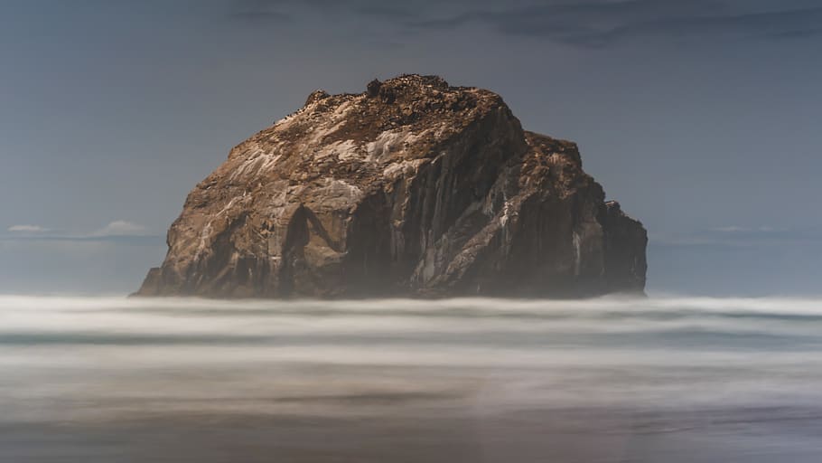 brown mountain, rock, sea, rock - object, rock formation, solid HD wallpaper