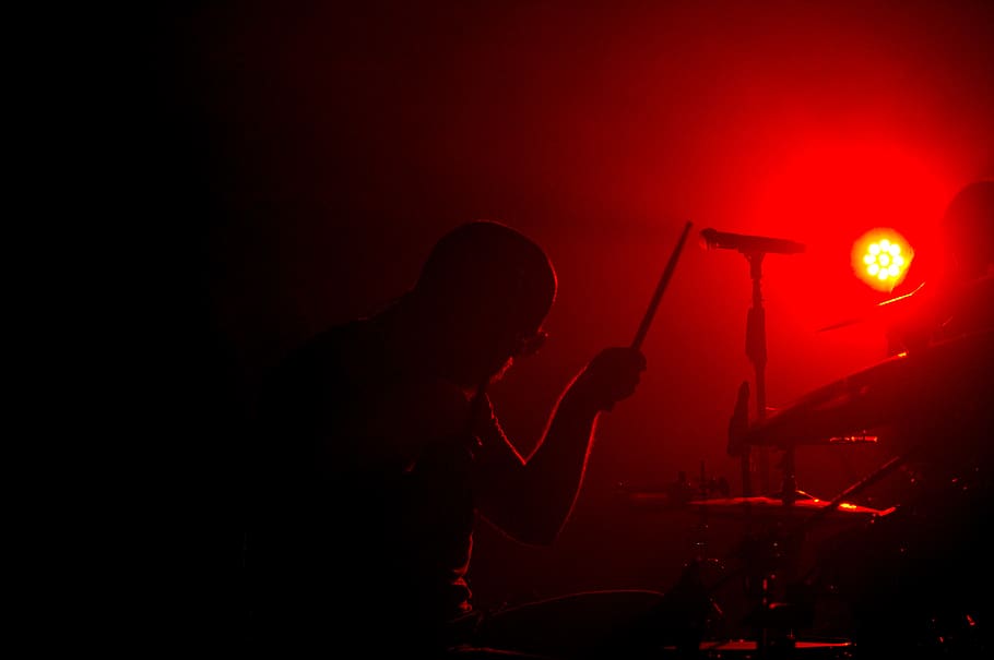 battery, drummer, show, red, colors, lighting, instrument, music HD wallpaper