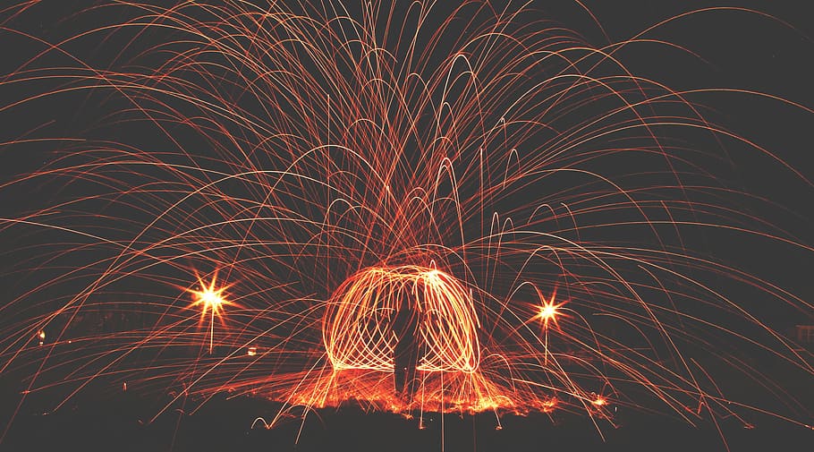 dark, fireworks, flame, guy, man, show, night, perform, motion HD wallpaper