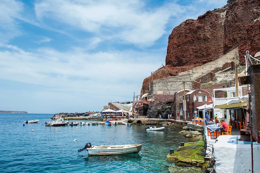 sea, landscape, beach, vacation, architecture, bay, boat, greece HD wallpaper
