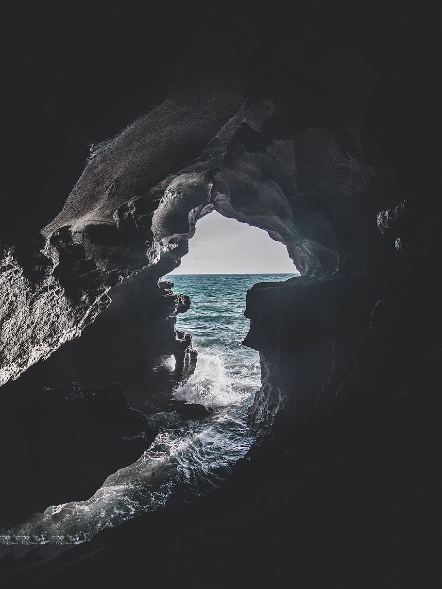 Gray Cave Near Body of Water, beach, dark, daylight, deep sea