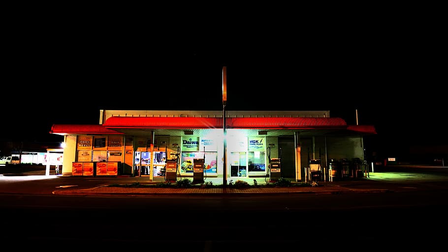 night, gas, station, gasstation, road, street, illuminated, HD wallpaper